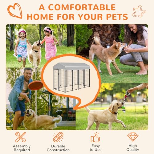 PawHut 8' x 4' x 6' Dog Run Outdoor, Large Outdoor Dog Kennel Welded Wire Steel Fence with UV-Resistant & Waterproof Cover, Secure Lock, Silver