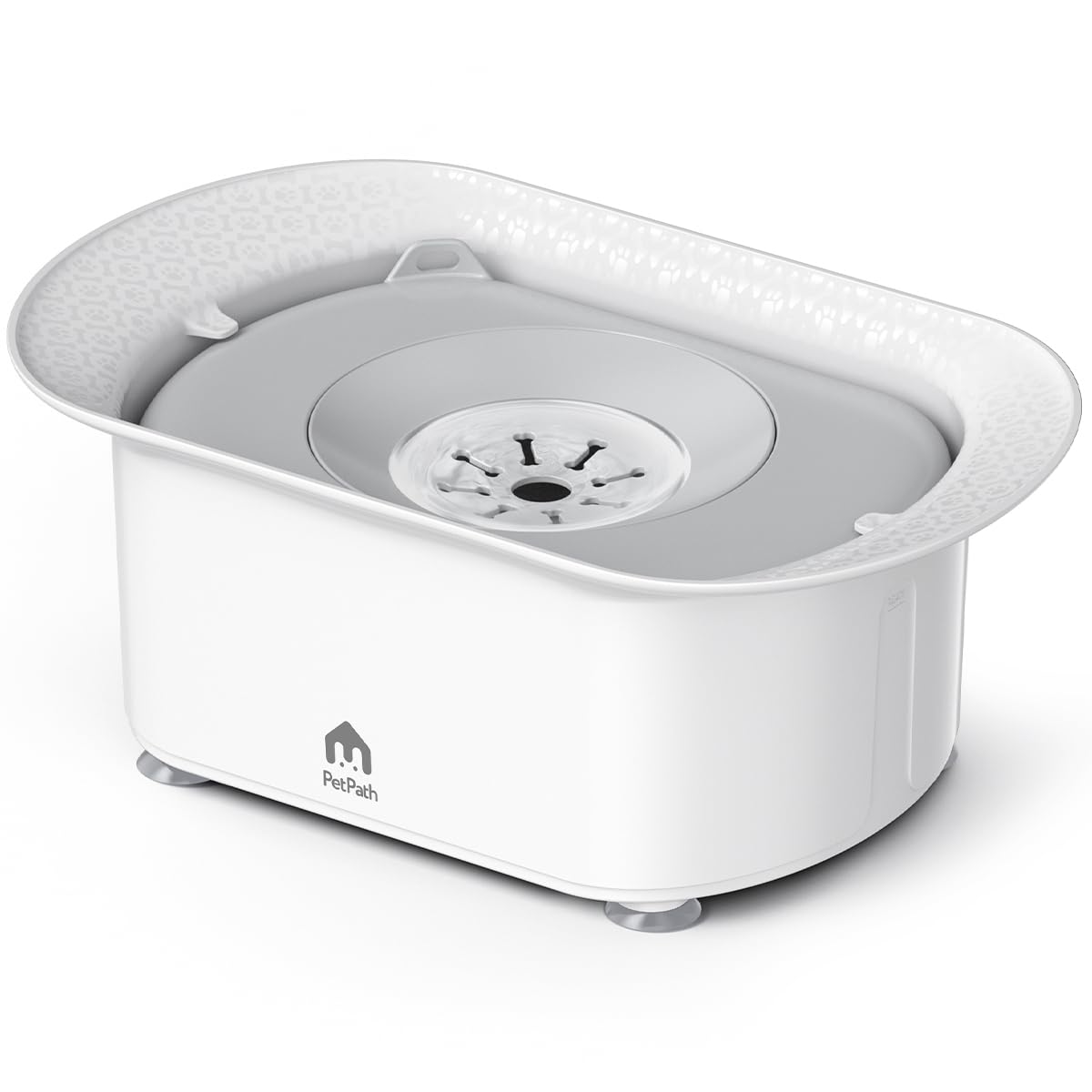 PETPATH Dog Water Bowl 2.2l/75oz - No Spill Splash-Proof Design, Anti-Slip Suction Base & Slow Flow Dripless Dispenser, Large Capacity Dog Bowl for Messy Drinkers (White- Gray)