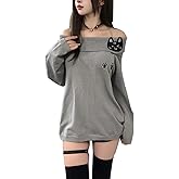 GOTHPICKUS Women Y2K Off Shoulder Strap T-Shirts Cute Graphic Casual Long Sleeves Tops Kawaii Ribbing Trendy Outfits