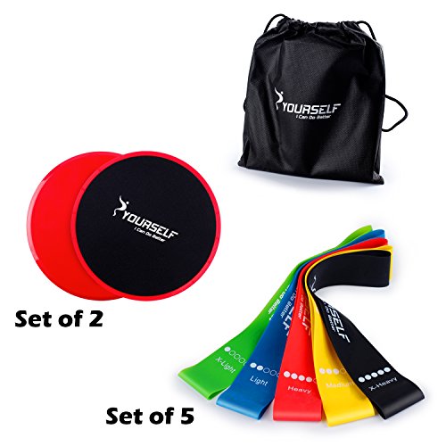 SYOURSELF Gliding Discs Core Sliders and 5 Exercise Resistance Bands Gliding-Dual Sided Fitness Trainer Equipment for Abdominal,Strengthen, Gym,Travel,Carpet,Hard Floors+Fitness Chart+Gift Bag(Red)