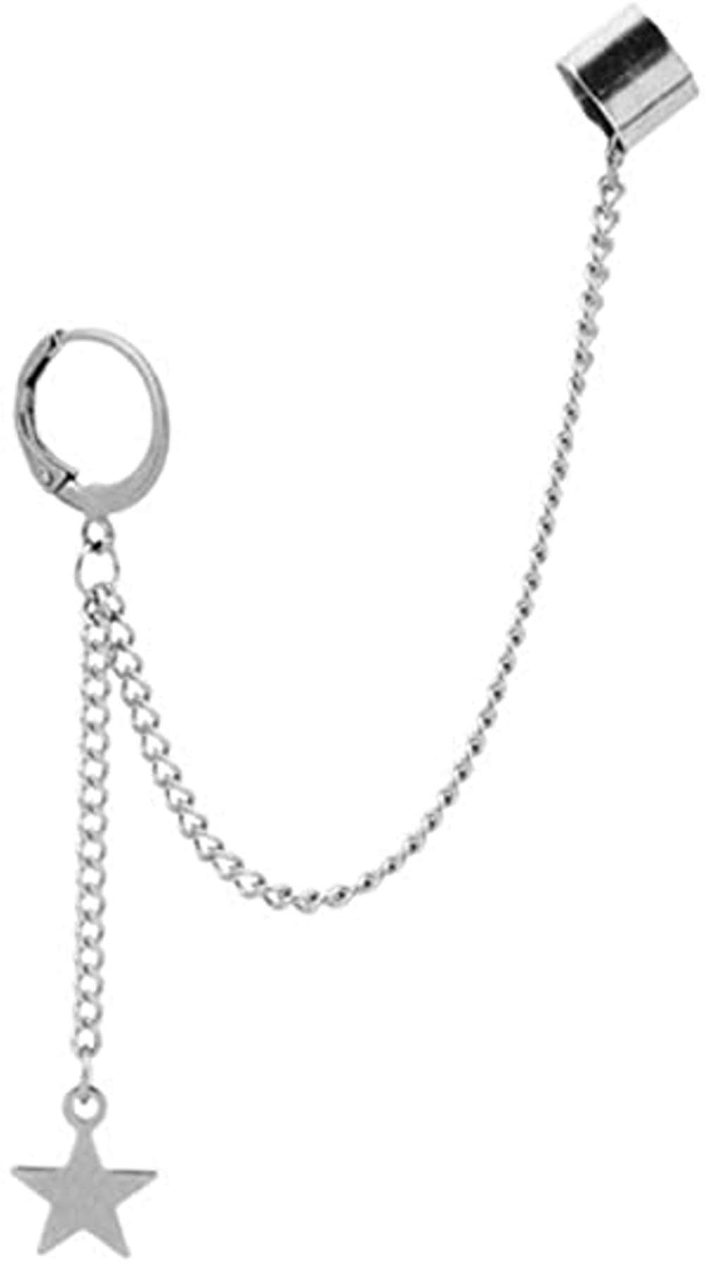 Lucky Star Threader Dangle Drop Chain Clip On Wide Cuff Wrap Small Hoop Earrings for Men Women Cartilage Huggie Hoops Fashion Punk Rock Climber Crawler Hip Hop Kpop Gothic Piercing Gifts Boyfriend Son