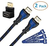 Aurum Cables - High Speed HDMI Cable 2.0 with Ethernet - 15 Feet - Supports 3D & Audio Return Channel + Right Angle Adapter and Velcro Ties - 2 Pack