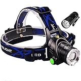 9 LED Flashlight +3 Modes Zoomable 1800 Lumens LED Headlamp, Comfortable Hands-free Head light with 2 Rechargeable 18650 Batteries, Car Charger, Wall Charger and USB Cable