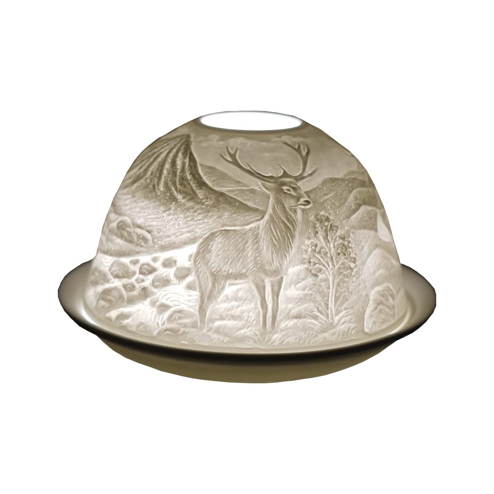 Cello Porcelain Tealight Holder Dome - Highland Stag Design with 3D Projection Image & Message Scented Unscented LED Candle Wax Warmer Animal Nature Deer Gifts Ornament Bedroom Home Birthday Present