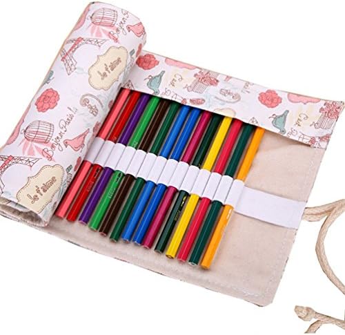 Colored Pencils Wrap, TopRay Large Capacity Coloured Pencils Roll Up Canvas Pencil Bag Pouch Holder For Artist, Colouring Pencil Gel Pen Storage Case-No Pencils Included, 72 Holes (Love in Paris)
