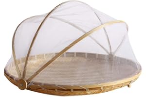 Handmade Bamboo Woven Fruit Vegetable Basket with Mosquito Bug Proof Net Round Dustproof Wicker Picnic Tray Food Bread Dishes