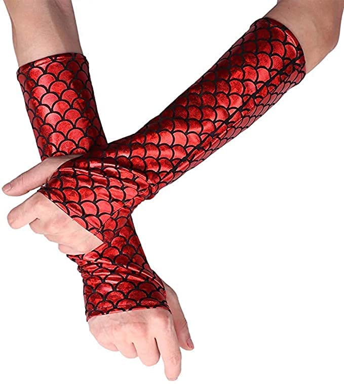 RUNHENG Women's Shimmery Mermaid Gloves Fish Scale Fingerless Long Gloves Elbow Length Halloween Carnival Masquerade (Red)