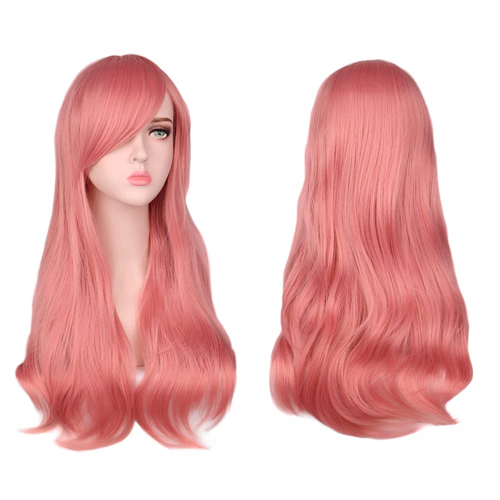 AOMIG 3 Pack Pink Wigs Set with Sunglass & Cap, Charming Full Curly Hair with Bangs, 28 Inch Anime Cosplay Party Synthetic Wig for Women Girls