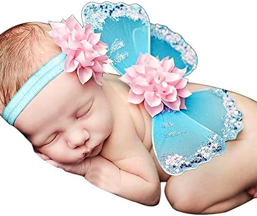 Newborn Baby Girl Blue Butterfly Wing with Pink Headband Costume Photo Photography Prop Outfit