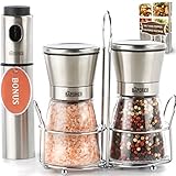 The Sapores Salt and Pepper Shakers with Matching Stainless Steel Stand and Vinegar Sprayer - Salt and Pepper Grinder Set with Adjustable Coarseness - Pepper Grinder - Pepper Mill