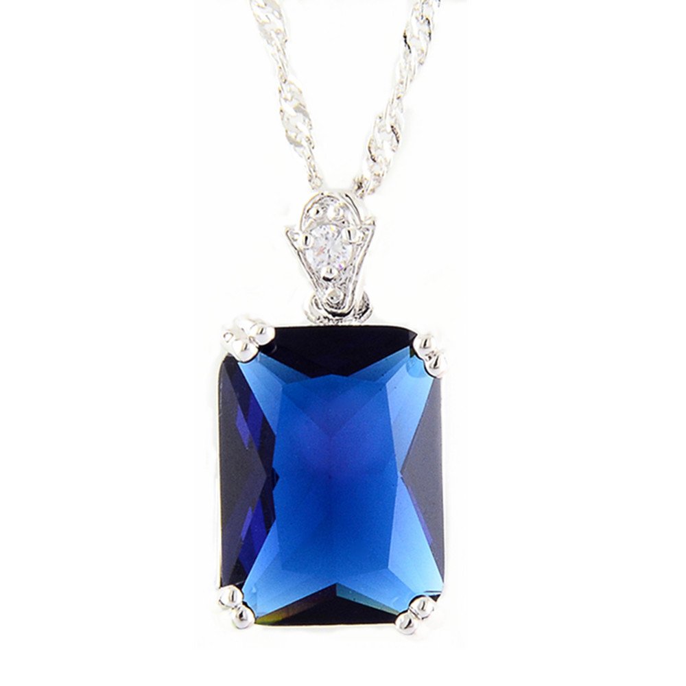 RIZILIA Pendant with 45cm(18") Chain & Rectangular Cut Gemstones CZ [Blue Sapphire] in 18K White Gold Plated, Simple Modern Elegance