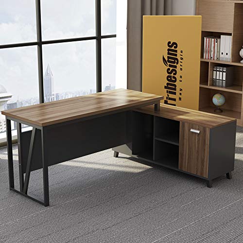 Tribesigns Large L-Shaped Desk, Executive Office Desk Computer Table Workstation with Storage, Business Furniture with File Cabinet, Dark Walnut + Stainless Steel Legs - Thumbnail 6