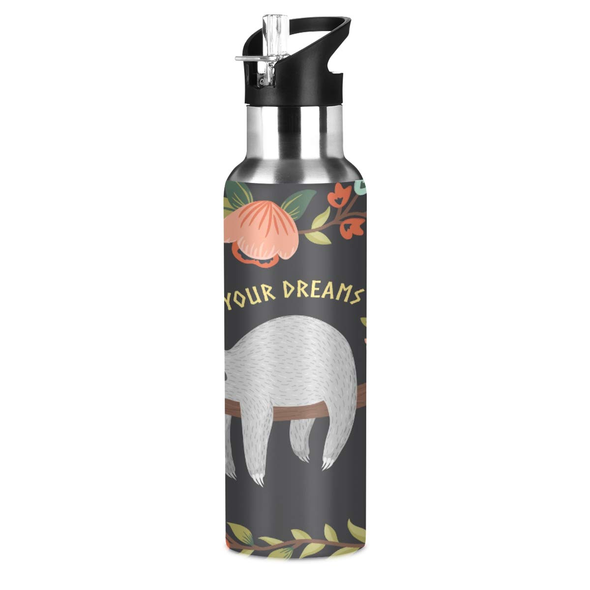 ALAZA Stainless Steel Water Bottle with Straw, Fllow Your Dreams Cute Baby Sloth Insulated Drink Flask Sports Water Bottle for Kids Adults, Leakproof, 600ml
