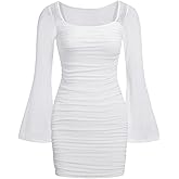 WDIRARA Girl's Square Neck Long Sleeve Ruched Bodycon Dress Casual Dresses