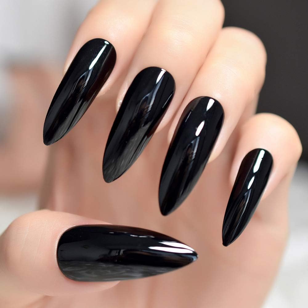 Faux Ongles Classiques Extra Longs Pointus Echiq Noirs Brillants Ovales Gel Uv Salon Acrylique Faux Ongles