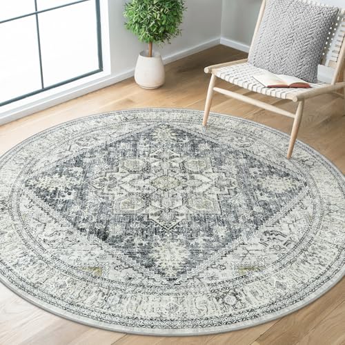 LIVEBOX Washable Area Rug 5ft - Boho Round Rug Traditional Rug for Bedroom, Foldable Retro Carpet Print Distressed Carpet Accent Circle Rug for Nursery Room Entryway Foyer Grey/Green