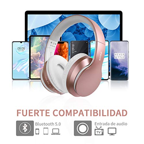 Ifecco Cascos inhalabricos,Auriculares inalambricos,Auriculares Bluetooth 5.0 Diadema Plegable,con microfono(Oro Rosa3)