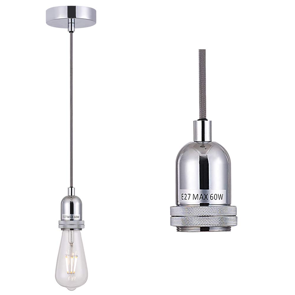SHINY STAR Pendant Fitting Chrome Ceiling Light Fitting, Vintage Metal Ceiling Rose with Braided Flex Cable and Metal E27 Lamp Holder KIT Accessary HT201CH