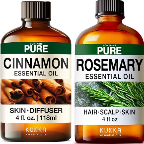 Cinnamon Bark Essential Oil for Diffuser & Rosemary Oil for Hair Set - Aromatherapy Grade Essential Oils Set - 2x4 fl oz - Kukka