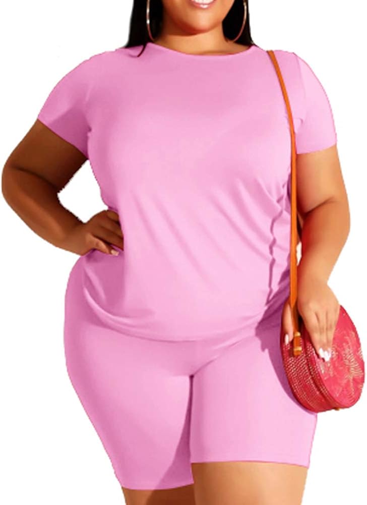 Plus Size Short Sets Stretchy Two Piece Outfit Plus Size T Shirt Tops