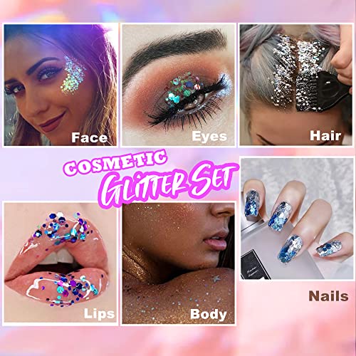 Body Glitter Chunky,Holographic Shimmer Glitter for Face Hair Eye Nail , Resin Glitters Makeup for Festival Carnival Dance Party 12 Colors (120g or 4.23oz) (multicolor-12pack)