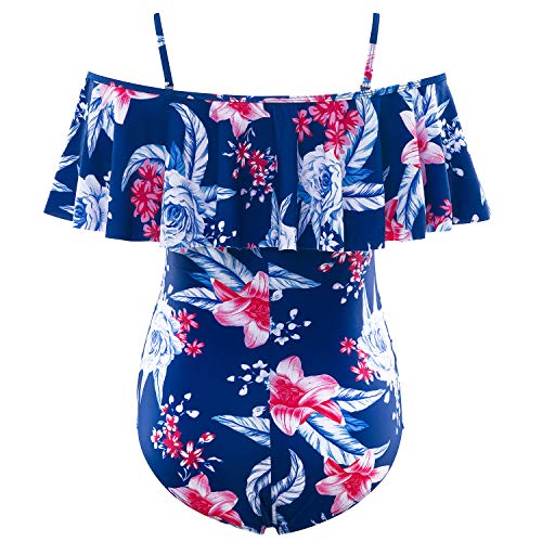 Maternity Bikinis Tankini Floral Flouncing Swimsuit One Piece Beachwear Blue with White Flower L - Thumbnail 2