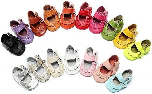R&amp;V 0-24M Infant Girls Moccasins 100% Real Leather Soft Sole Bowknot Toddler Girl Shoes Princess Firstwalkers (Inner Length: 13cm(12-18M), Red)
