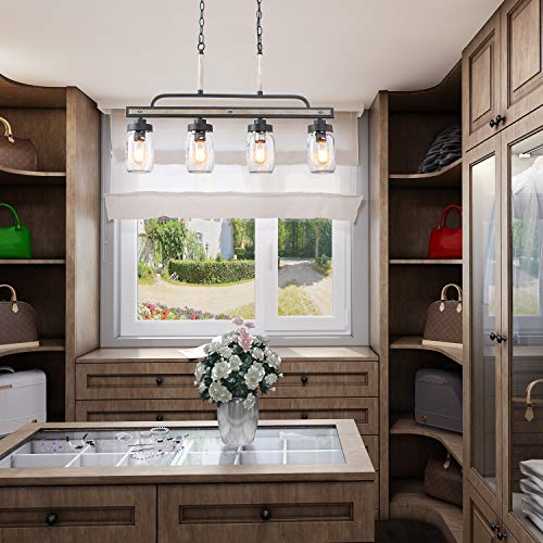 LOG BARN Rustic Mason Jar Pendant Lighting for Kitchen, 4 Lights Farmhouse Chandelier in Distressed Faux Wood and Dark Grey Metal Finish, 30" Large Dining Room Linear Lighting