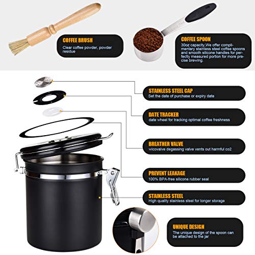 Coffee Container Airtight Stainless Steel Storage Canister with Built-in CO2 Valve, Measuring Scoop and Brush - Black