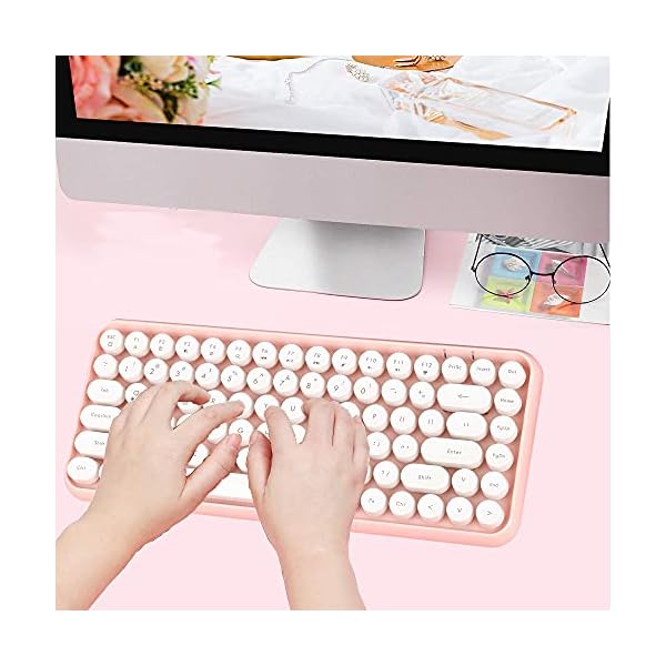 FELiCON-Wireless-Bluetooth-Keyboard-Compact-84-keys-Lightweight-KeyboardRetro-StyleMatte-TextureTypewriter-DesignCompatible-with-Android-iOS-Windowsfor-PCLaptopSmartphone-Pink FELiCON 308i Retro Wireless Keyboard, Bluetooth Silent Cute Computer Keyboard with Round Punk Compact 84 keys…
