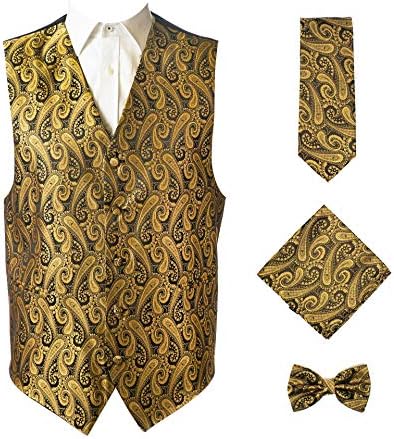 Oliver GeorgeMen's 4pc Paisley Design Waistcoat Tuxedo Dress Vest Necktie Bowtie Handkerchief Set for Suit or Tuxedo