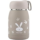 ZJchao Flat Vacuum Cup, 320ml Stainless Steel Cute Pattern Travel Size Vacuum Insulation for 24 Hours for Sports, Travel, School (Brown)