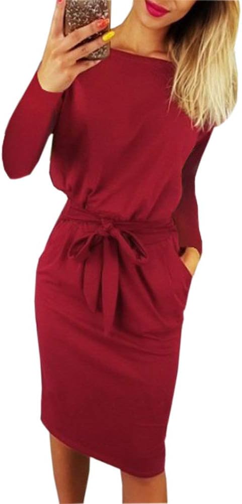 Paskyee Women's Elegant Wear to Work Casual Pencil Dress with Belt
