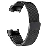 POY Metal Replacement Bands Compatible for Fitbit Charge 3 and Charge 3 SE Fitness Activity Tracker, Milanese Loop Stainless Steel Bracelet Strap with Unique Magnet Lock for Women Men, Large Black