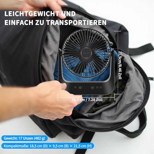 Table Fan with Temperature Control, 5000mAh USB Fan, 5 Speed Levels Including Sleep Mode, Rechargeable Battery Operation, with LED Light & Hook, for Home, Office, Travel, Camping