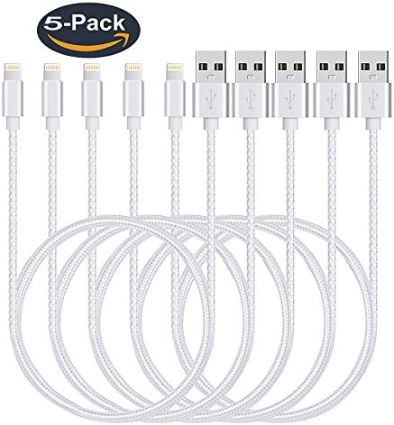 Ansuda Phone Charger Cable, 5Pack 5FT Charging Cable to USB Data Lines Compatible iPhone/iPad Mini/Air/Pro iPod Touch (Silver & White)