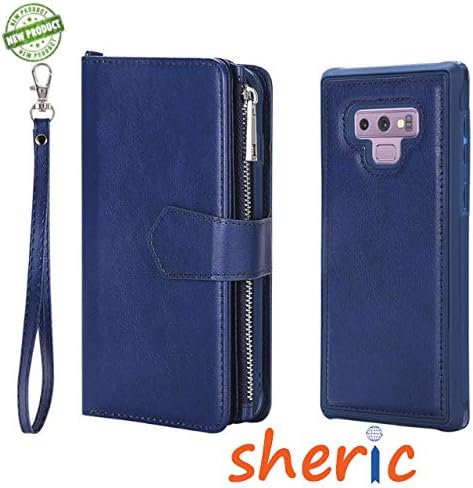 Samsung Galaxy Note 9 Wallet Case, SHERIC Premium PU Leather Zipper Wallet with Card Holder, Wrist Strap + Photo Frame + Magnetic Closure + Rugged Magnetic Detachable Back Case Cover for Note9 (Blue)