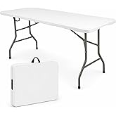 HAISIWLKJ Folding Table 8 FT Camping Table Portable White Heavy Duty Plastic Rectangular Outdoor Dining Table Steel Legs Fold-in-Half with Carrying Handle for Indoor,Picnic,Party,Wedding,Events