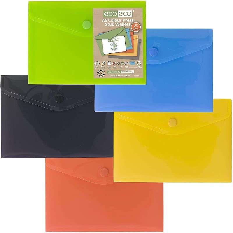 eco-eco A6 50% Recycled Press Stud Wallets Pack of 25 Assorted Colours