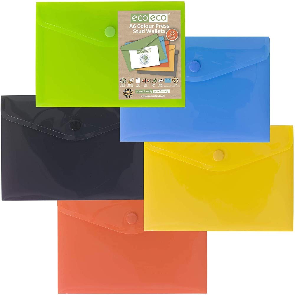 eco-eco A6 50% Recycled Assorted Colours Press Stud Popper Wallet, Plastic Folders (Pack of 25), eco078x25