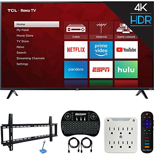 TCL 65S425 65-inch 4-Series 4K Ultra HD Roku Smart TV (2019 Model) Bundle with 37-70-inch Low Profile Wall Mount Kit, Deco Gear Wireless Keyboard and 6-Outlet Surge Adapter with Night Light