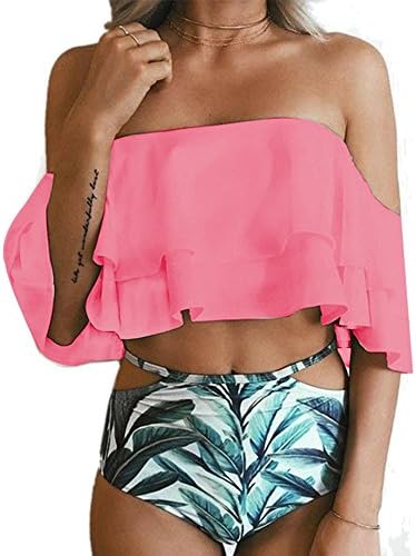 Pestok Women's Printed Bikini Set Swimsuits High Waist Swimwear Two Piece Ruffled Off-shoulder Bathing Suits (Large, Pink)