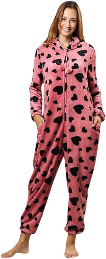 Flannel Jumpsuit Holiday Playsuit Heart Print Hooded Harem Onesies Pajama Pants