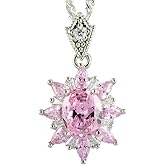 RIZILIA Oval CubicZirconia 18K White Gold Plated Flower Pendant Necklace Curb Chain