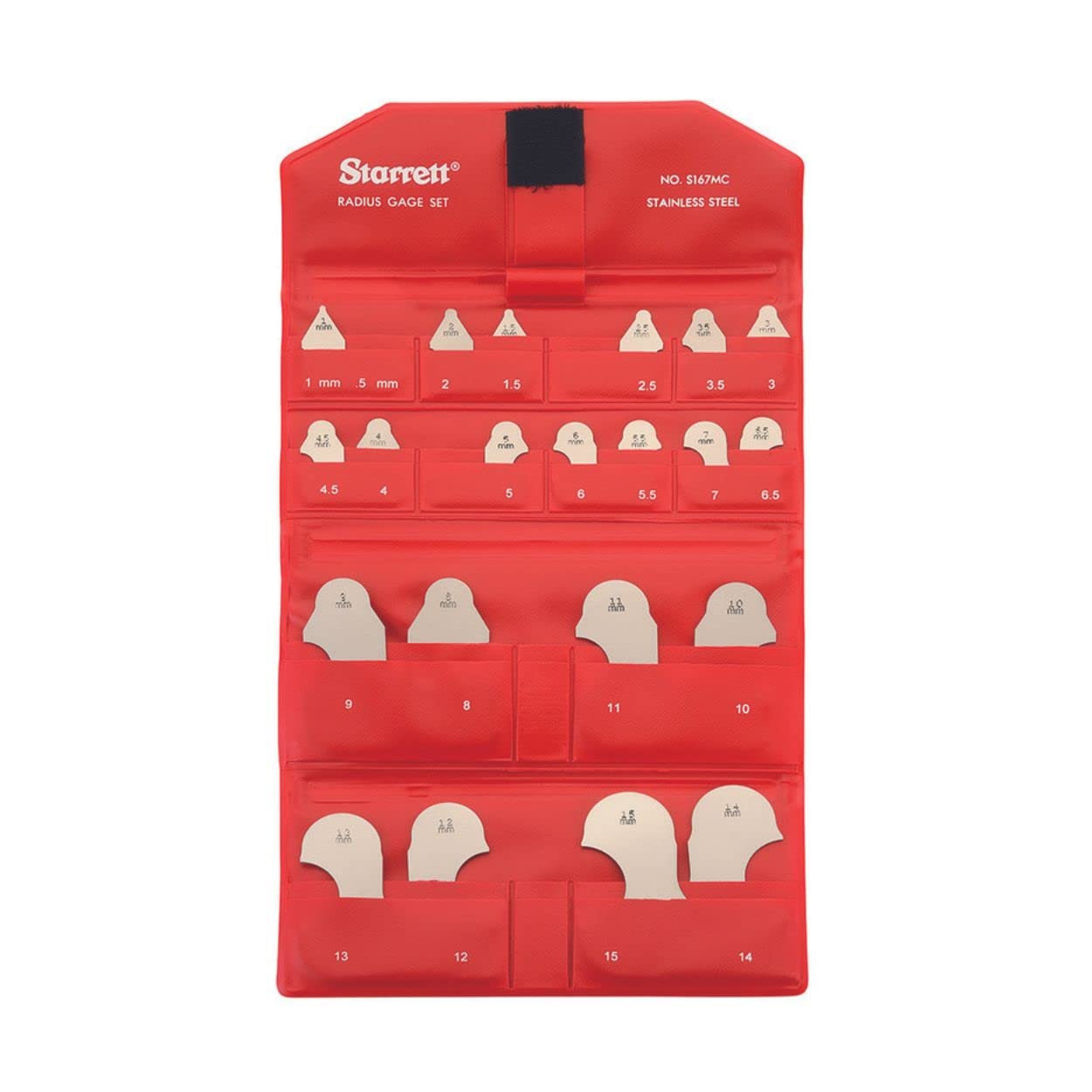 Starrett S167MCZ Combined 167MA And 167MB Radius Gauges Inch Set Without Holder, Satin Finish, 1-15 mm Range, 0.5 mm And 1 mm Increments, 21 Gauges