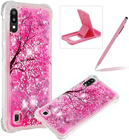 Liquid TPU Case for Samsung Galaxy M10/A10,Shock-Absorbing Glitter Rubber Case for Samsung Galaxy M10/A10,Herzzer Stylish Ultra Slim Pretty Peach Blossom Pattern Sparkly Quicksand Sequins Soft Cover