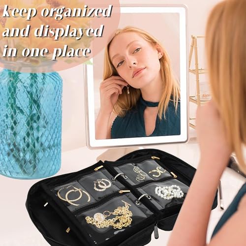 Travel Jewelry Organizer Case, Jewelry Bags with Clear Zipper & Velvet Pouch, Jewelry Storage Binder for Earrings, Rings, Necklaces, Bracelets – Portable and Compact for Travel & Everyday Use (Black)