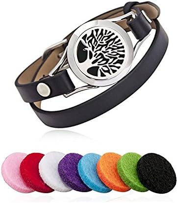 Essential Oil Diffuser Bracelet Aromatherapy Silver Tree Stainless Steel Black Adjustable Leather Band with 8 Color Pads for Décor Gift Girls Women