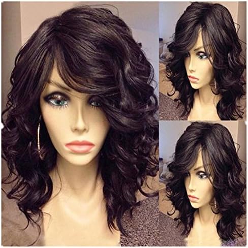 Best-Selling 6A Natural Wave Lace Front Wigs Brazilian Virgin Bob Wavy Human Hair Wig Glueless Lace Front Wig with Bangs for Women (12 inch, # 1b)