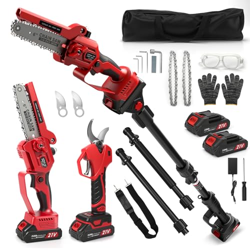 6 Inch Cordless Chainsaw Telescopic & 55 mm Cordless Pruning Scissors, 4-in-1 Chainsaw Kit and Scissors with 2 x 2000 mAh Batteries, Maximum Range of Up to 4.5 m